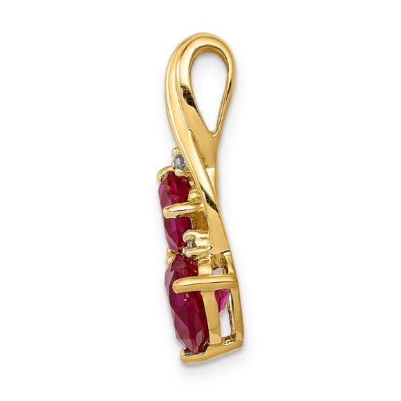 14k Yellow Gold Lab Created Ruby & Diamond Double Heart Necklace Charm Pendant - Picture 2 of 3
